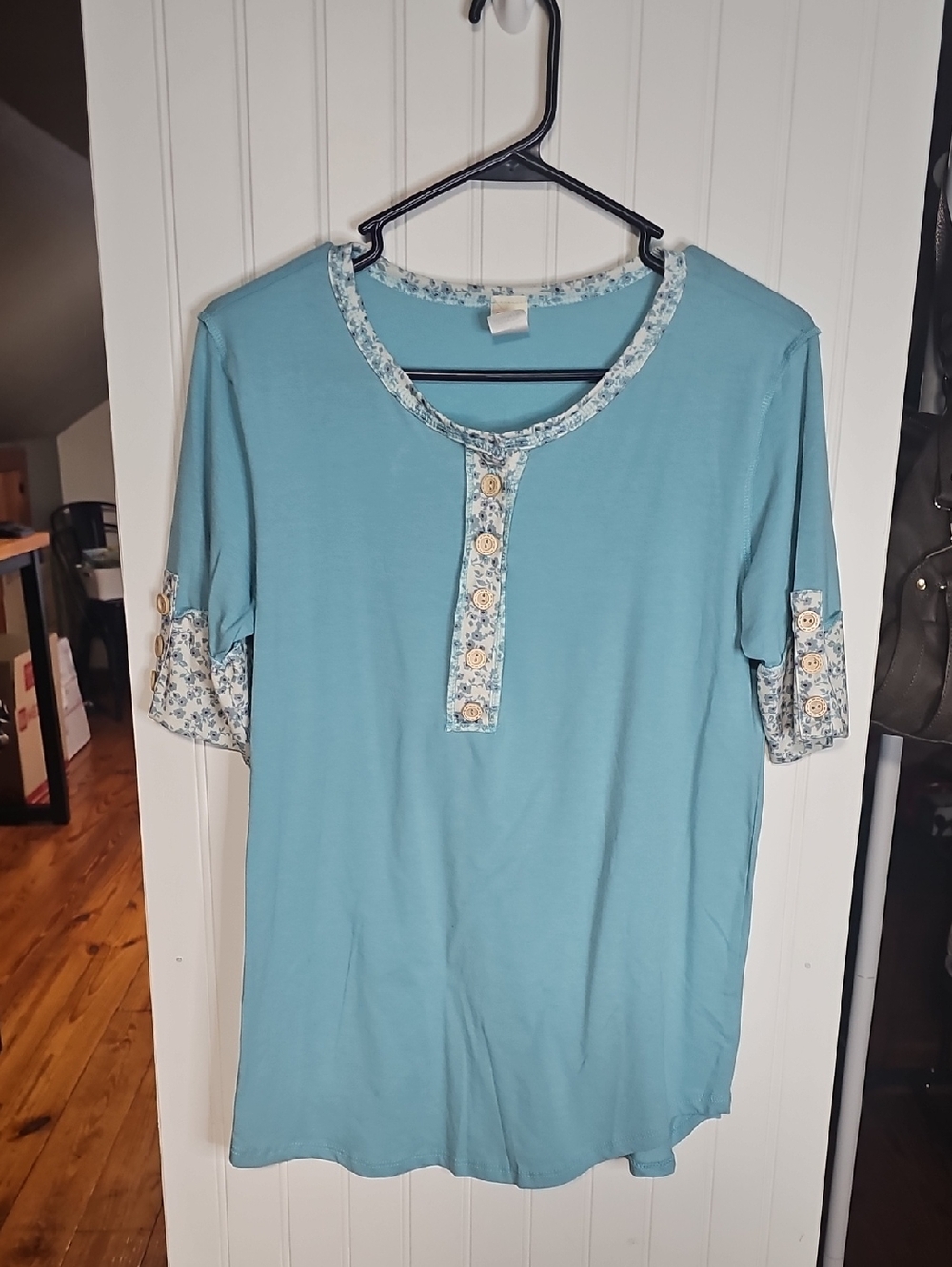 7th Ray Light Blue Henley Top with Floral Trim